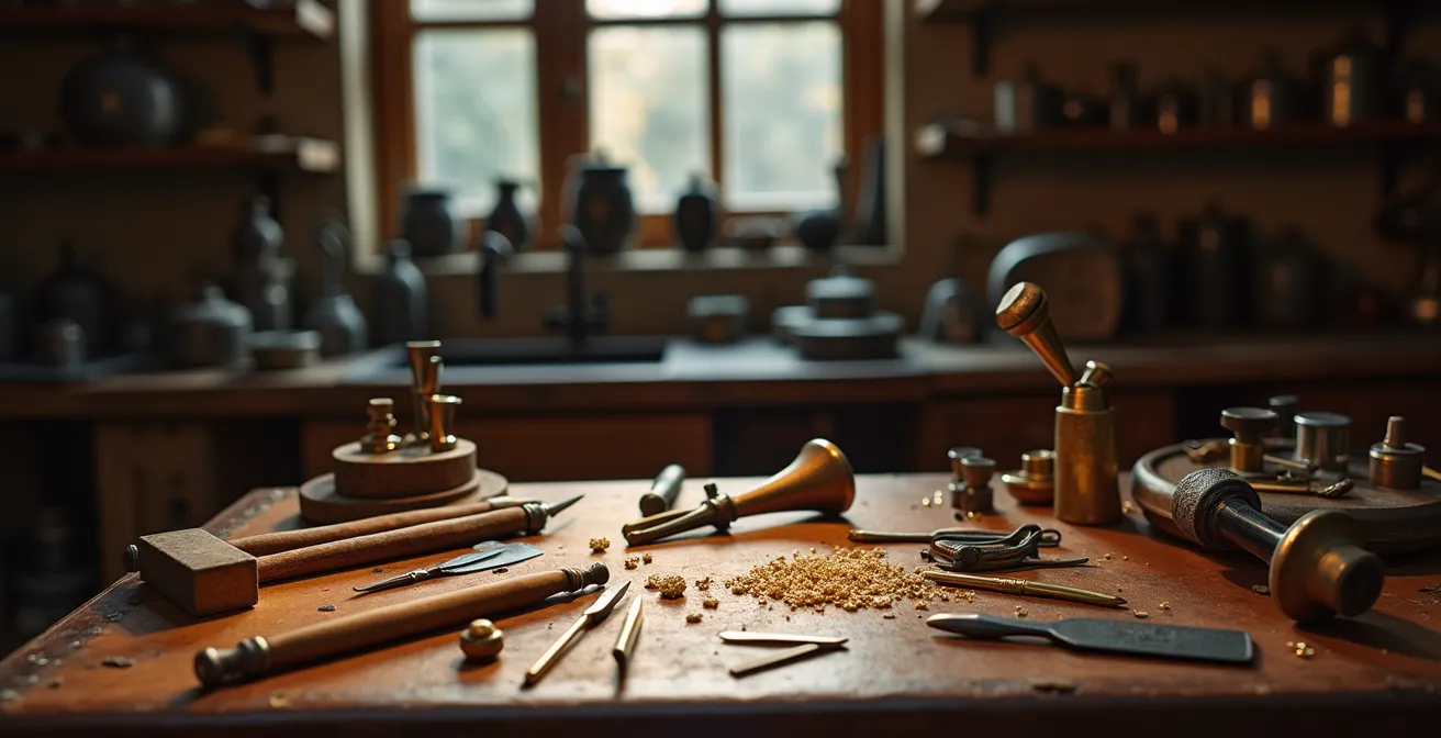 Historische Goldschmiedewerkstatt mit traditionellen Werkzeugen und Edelsteinen