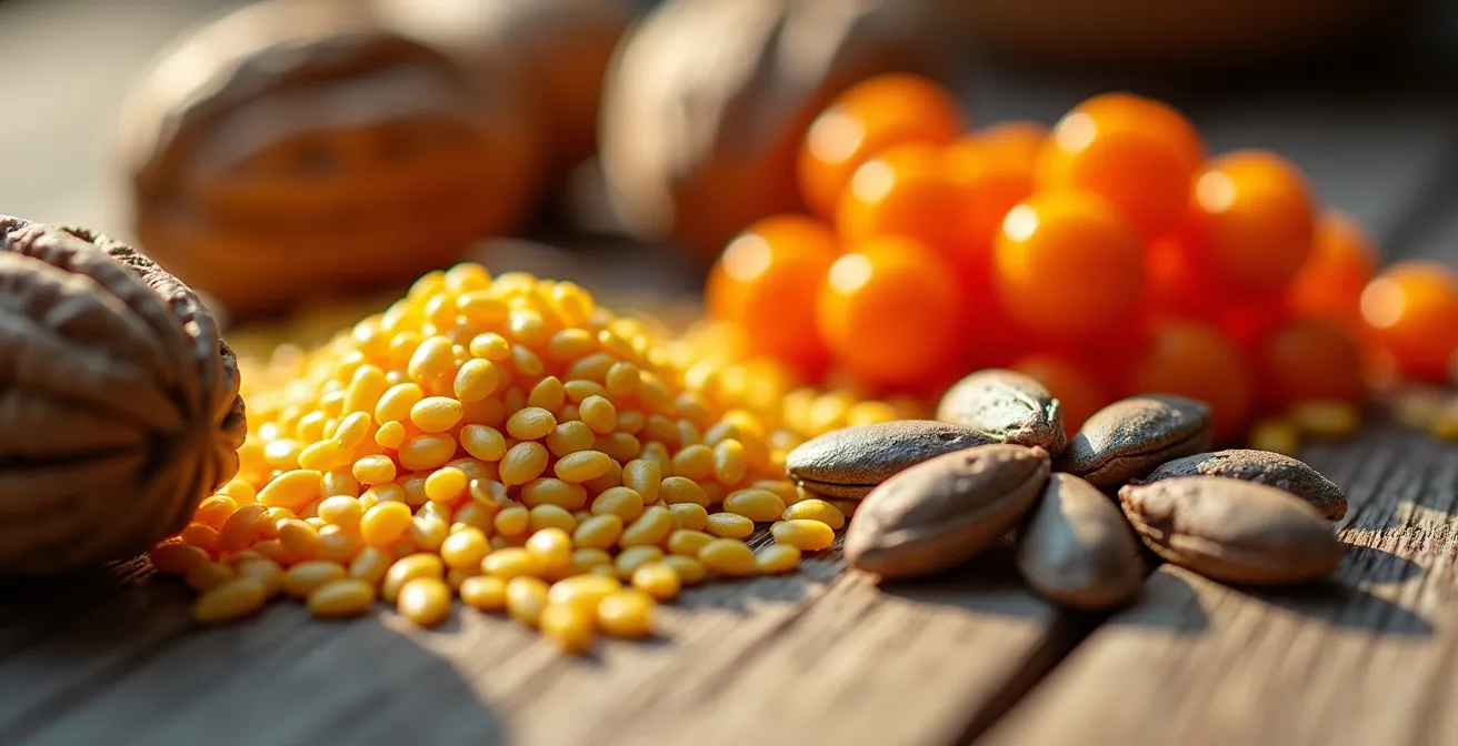 Deutsche Superfoods für gesunde Haare auf rustikalem Holztisch