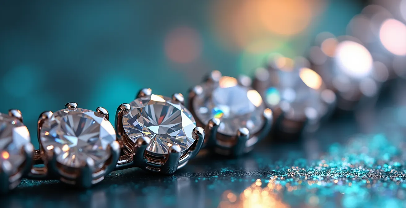 Makroaufnahme einer Rivière-Fassung mit Lichtbrechung in Diamanten