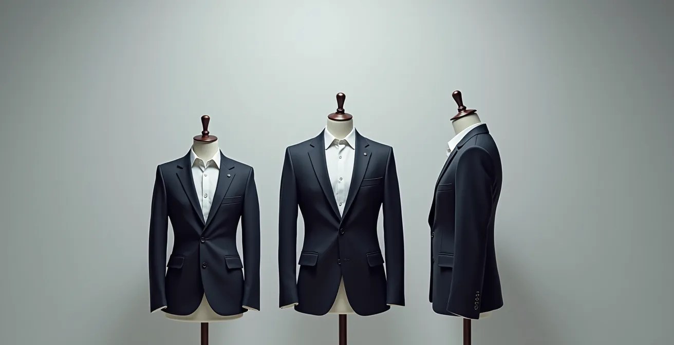 Vergleich verschiedener Sakkolängen und Knopfpositionen an männlicher Silhouette