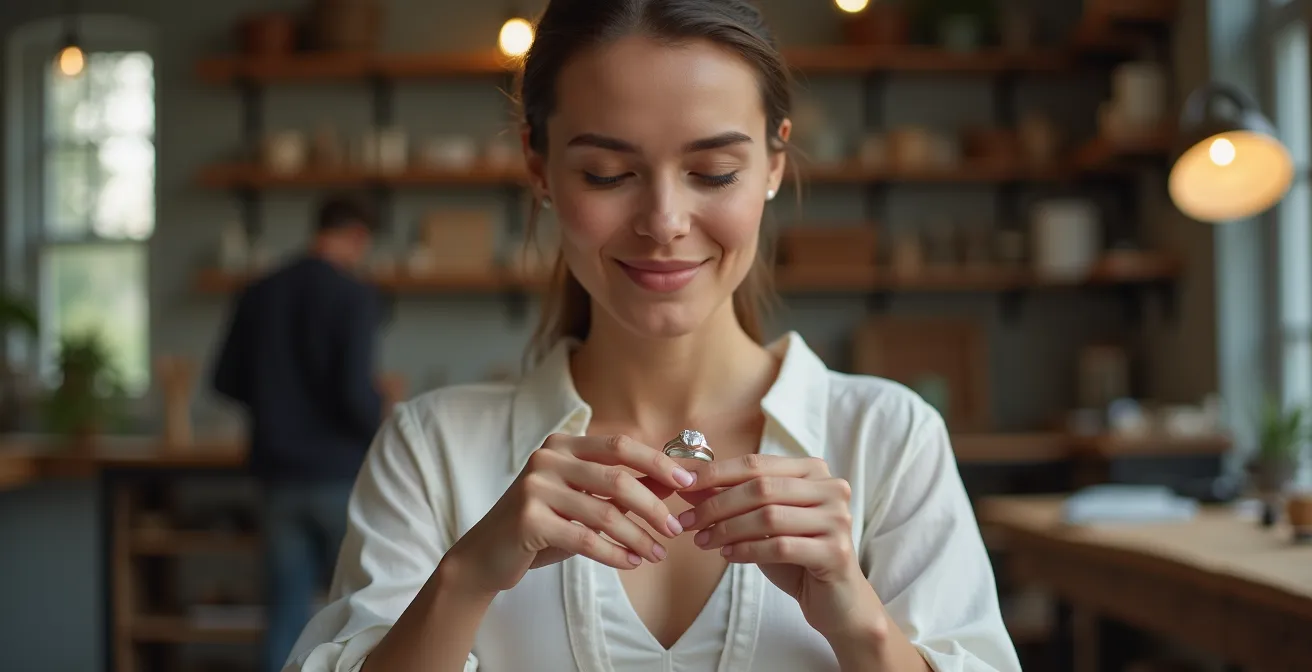 Frau betrachtet personalisierten Ring in elegantem Schmuckatelier