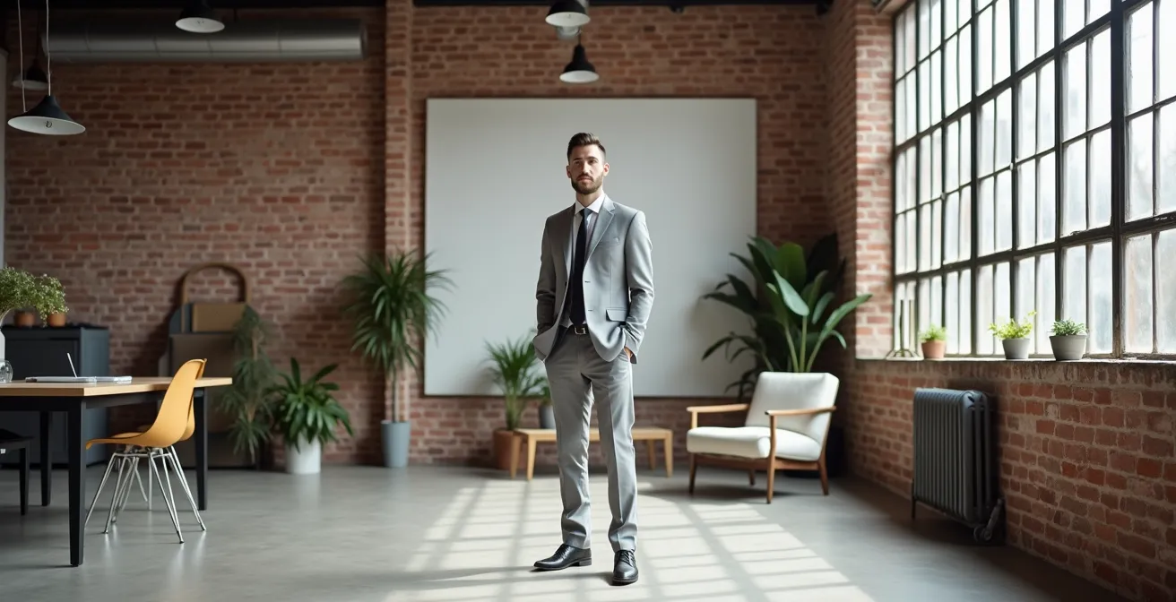 Moderner Geschäftsmann in unstrukturiertem Anzug in Berliner Kreativbüro