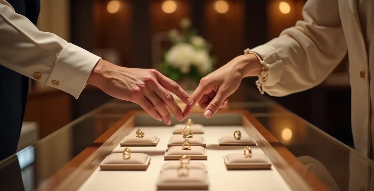 Paar bei gemeinsamer Ringauswahl im Juweliergeschäft, moderne deutsche Verlobungstradition