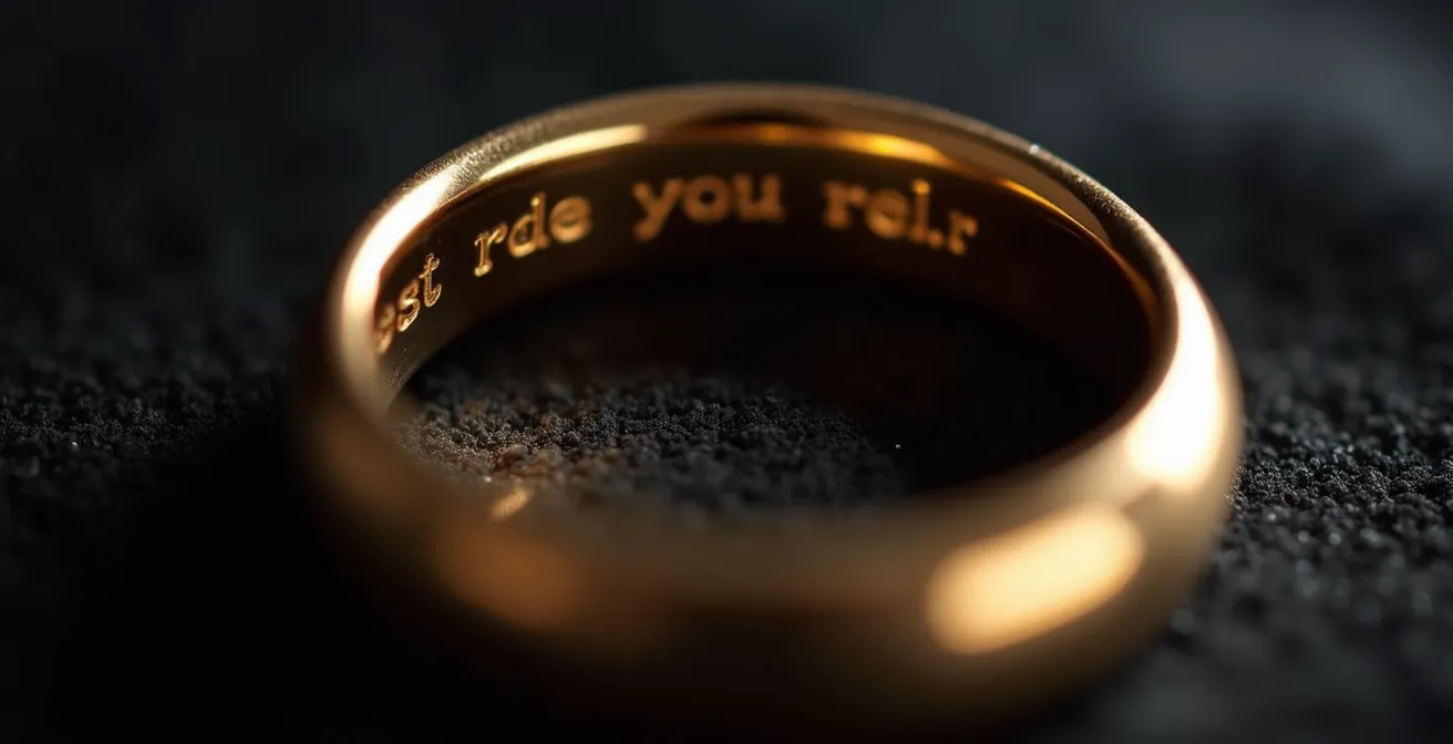 Makroaufnahme einer versteckten Gravur im Inneren eines Rings