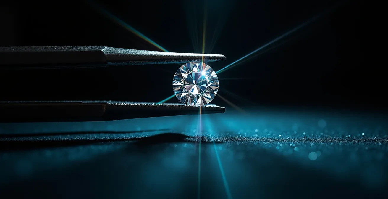 Makroaufnahme eines Diamanten unter Lupe mit sichtbaren Facetten und Lichtbrechung
