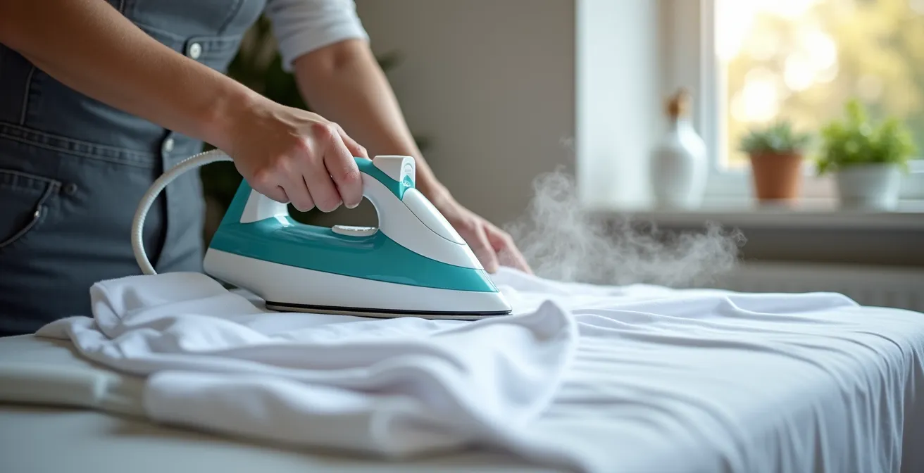 Professionelles Bügeln eines weißen Hemdes mit Dampfbügelstation