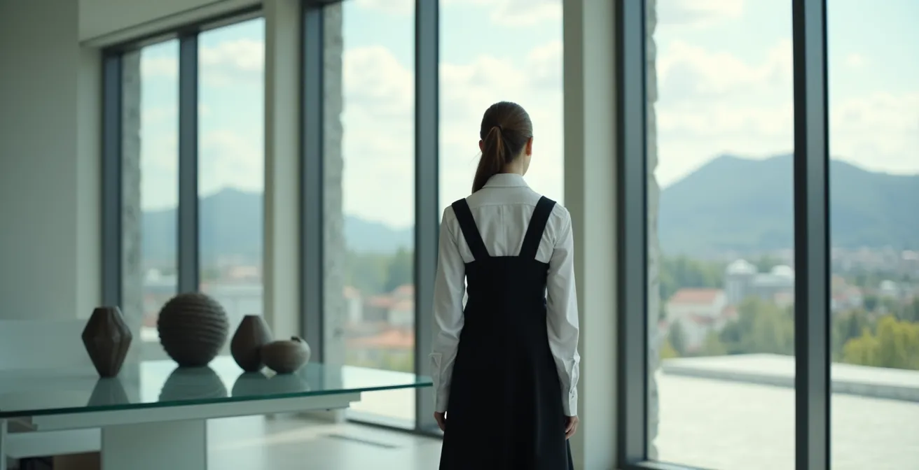 Minimalistisches Styling mit einem schlichten schwarzen Kleid über einem weißen Hemd in einem modernen, lichtdurchfluteten Raum.