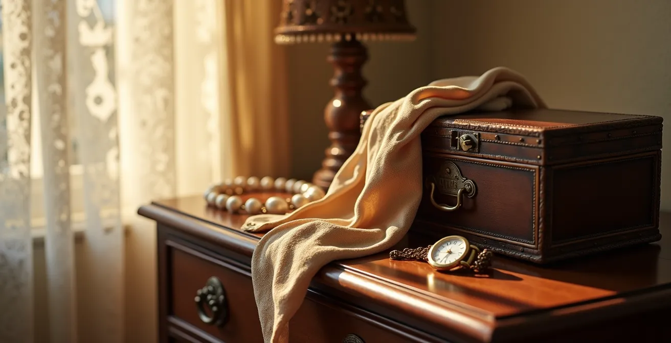 Künstlerisches Arrangement von geerbten Mode-Erbstücken, die zeitlose Eleganz über Generationen symbolisieren