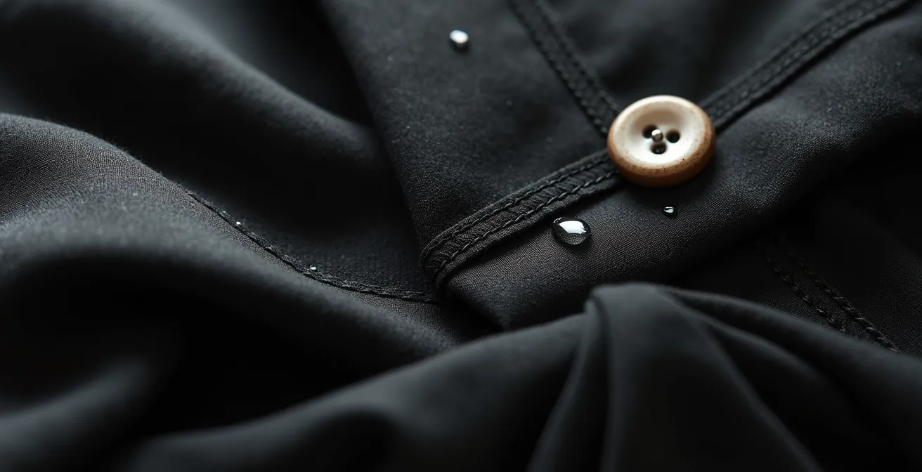 Makroaufnahme, die die feinen Texturen und die hochwertige Verarbeitung von schwarzem Stoff und einem Perlenknopf zeigt.