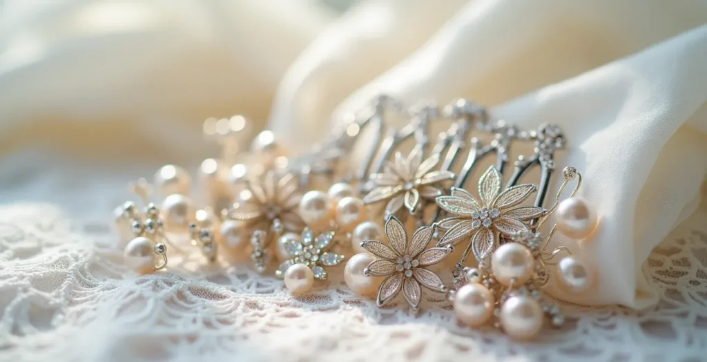 Detailaufnahme von elegantem Braut-Haarschmuck mit Perlen und Kristallen Detailaufnahme von elegantem Braut-Haarschmuck mit Perlen und Kristallen